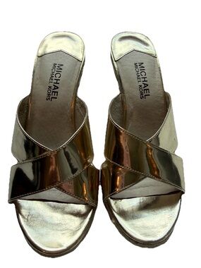 Michael Michael Kors Gold Metallic Espadrille Wedge Slide Sandals Womens 7.5M